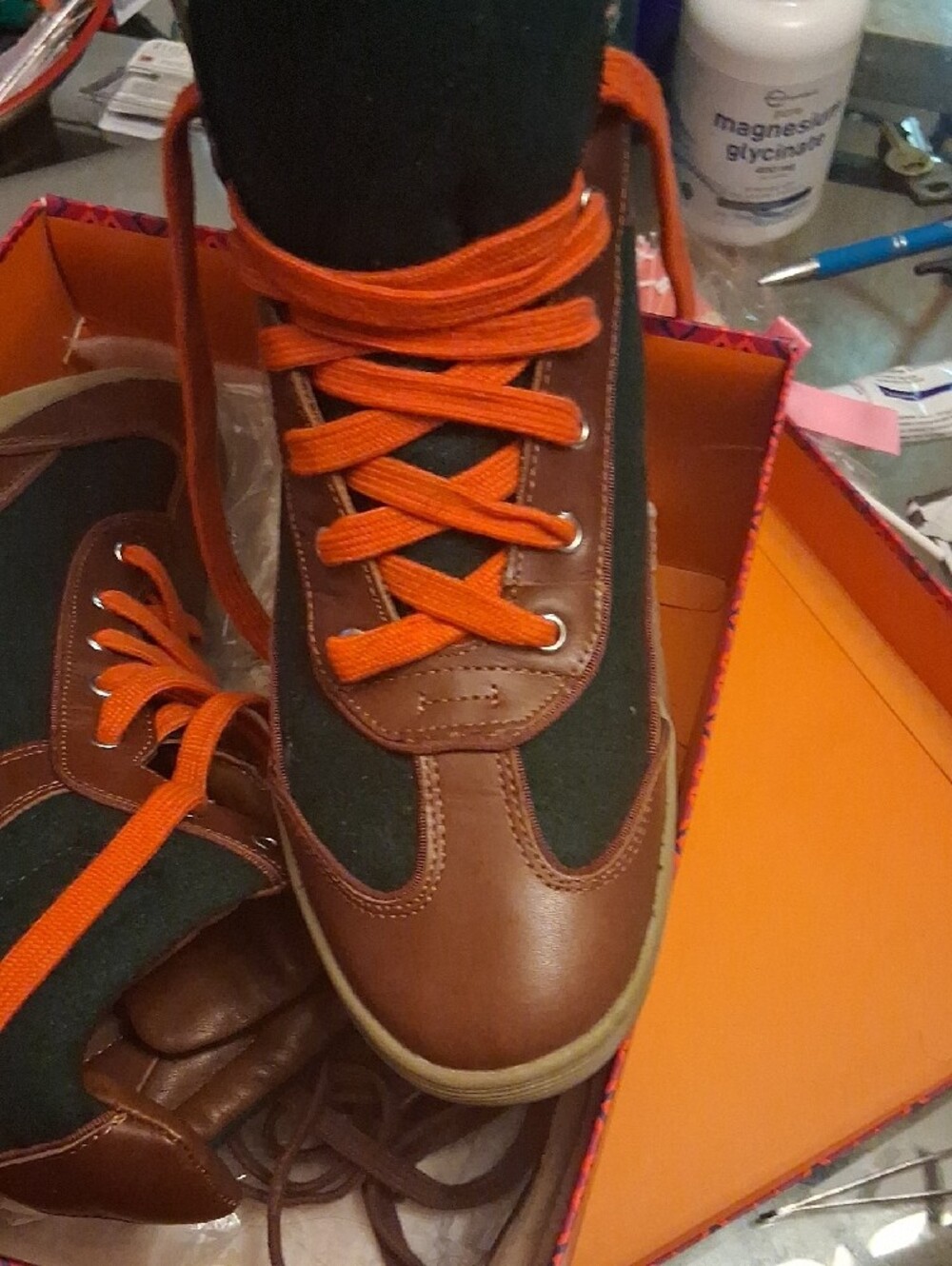 Tory Burch Forest Green and Orange Leather-Trim High-Top Sneakers - Picture 4 of 5